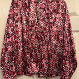 Geometric Print Long-Sleeve Blouse in Pink and Black